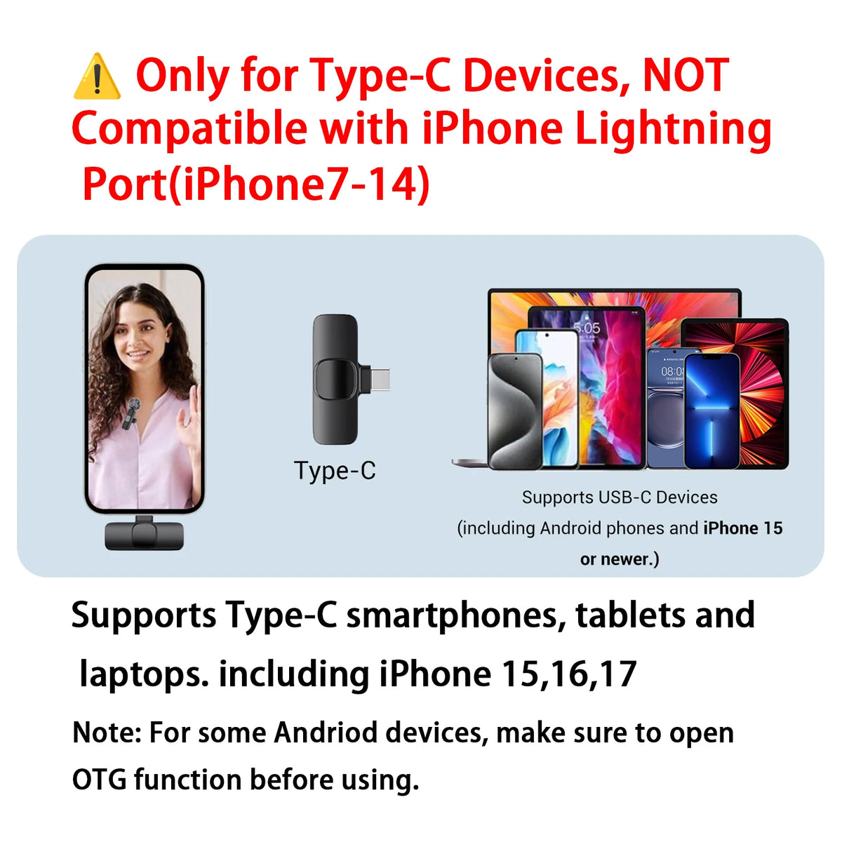 Microfone de lapela sem fio USB-C para celular e tablet