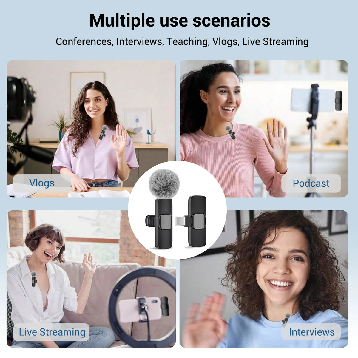 Microfone de lapela sem fio USB-C para celular e tablet